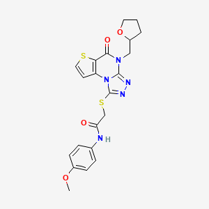 molecular formula C21H21N5O4S2 B2918945 N-(4-methoxyphenyl)-2-((5-oxo-4-((tetrahydrofuran-2-yl)methyl)-4,5-dihydrothieno[2,3-e][1,2,4]triazolo[4,3-a]pyrimidin-1-yl)thio)acetamide CAS No. 1217019-87-8
