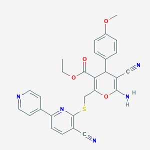 molecular formula C28H23N5O4S B2918977 ethyl 6-amino-5-cyano-2-[(3-cyano-6-pyridin-4-ylpyridin-2-yl)sulfanylmethyl]-4-(4-methoxyphenyl)-4H-pyran-3-carboxylate CAS No. 313380-24-4