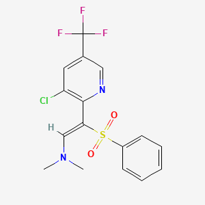 molecular formula C16H14ClF3N2O2S B2918995 (Z)-2-(benzenesulfonyl)-2-[3-chloro-5-(trifluoromethyl)pyridin-2-yl]-N,N-dimethylethenamine CAS No. 338758-54-6