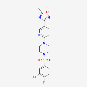 molecular formula C18H17ClFN5O3S B2919102 3-(6-(4-((3-Chloro-4-fluorophenyl)sulfonyl)piperazin-1-yl)pyridin-3-yl)-5-methyl-1,2,4-oxadiazole CAS No. 1421522-14-6