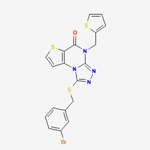 molecular formula C19H13BrN4OS3 B2919164 1-((3-bromobenzyl)thio)-4-(thiophen-2-ylmethyl)thieno[2,3-e][1,2,4]triazolo[4,3-a]pyrimidin-5(4H)-one CAS No. 1223851-46-4