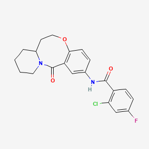 molecular formula C21H20ClFN2O3 B2919233 2-Chloro-4-fluoro-N-(6-oxo-2,3,4,12,13,13a-hexahydro-1H-pyrido[2,1-d][1,5]benzoxazocin-8-yl)benzamide CAS No. 1226445-06-2