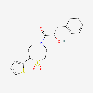 molecular formula C18H21NO4S2 B2919249 1-(1,1-Dioxido-7-(thiophen-2-yl)-1,4-thiazepan-4-yl)-2-hydroxy-3-phenylpropan-1-one CAS No. 2034382-14-2