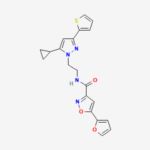 molecular formula C20H18N4O3S B2919254 N-(2-(5-cyclopropyl-3-(thiophen-2-yl)-1H-pyrazol-1-yl)ethyl)-5-(furan-2-yl)isoxazole-3-carboxamide CAS No. 1797244-99-5