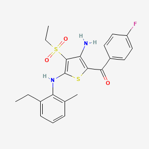 molecular formula C22H23FN2O3S2 B2919264 (3-Amino-5-((2-ethyl-6-methylphenyl)amino)-4-(ethylsulfonyl)thiophen-2-yl)(4-fluorophenyl)methanone CAS No. 890791-84-1