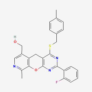 molecular formula C26H22FN3O2S B2919274 (2-(2-fluorophenyl)-9-methyl-4-((4-methylbenzyl)thio)-5H-pyrido[4',3':5,6]pyrano[2,3-d]pyrimidin-6-yl)methanol CAS No. 892414-85-6