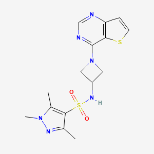 molecular formula C15H18N6O2S2 B2919340 1,3,5-Trimethyl-N-(1-thieno[3,2-d]pyrimidin-4-ylazetidin-3-yl)pyrazole-4-sulfonamide CAS No. 2380078-80-6