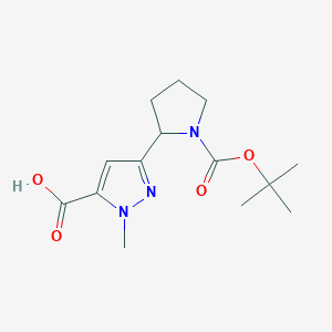 molecular formula C14H21N3O4 B2919343 2-Methyl-5-[1-[(2-methylpropan-2-yl)oxycarbonyl]pyrrolidin-2-yl]pyrazole-3-carboxylic acid CAS No. 2228574-71-6