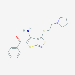 molecular formula C18H19N3OS3 B291938 (4-Amino-3-{[2-(1-pyrrolidinyl)ethyl]sulfanyl}thieno[2,3-c]isothiazol-5-yl)(phenyl)methanone 