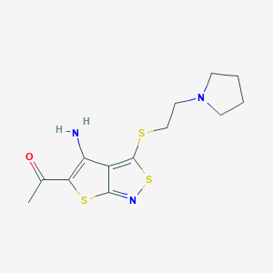 molecular formula C13H17N3OS3 B291942 1-[4-Amino-3-[2-(1-pyrrolidinyl)ethylthio]-5-thieno[2,3-c]isothiazolyl]ethanone 