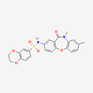 molecular formula C23H20N2O6S B2919422 N-(8,10-二甲基-11-氧代-10,11-二氢二苯并[b,f][1,4]恶杂环庚-2-基)-2,3-二氢-1,4-苯并二氧杂环-6-磺酰胺 CAS No. 922094-68-6