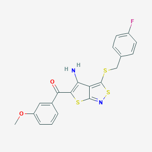 molecular formula C20H15FN2O2S3 B291943 {4-Amino-3-[(4-fluorobenzyl)sulfanyl]thieno[2,3-c]isothiazol-5-yl}(3-methoxyphenyl)methanone 