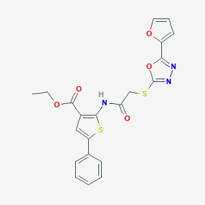 molecular formula C21H17N3O5S2 B291949 Ethyl 2-[({[5-(2-furyl)-1,3,4-oxadiazol-2-yl]sulfanyl}acetyl)amino]-5-phenyl-3-thiophenecarboxylate 