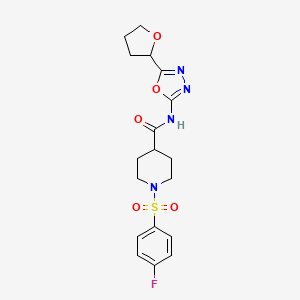 molecular formula C18H21FN4O5S B2919495 1-((4-氟苯基)磺酰基)-N-(5-(四氢呋喃-2-基)-1,3,4-恶二唑-2-基)哌啶-4-甲酰胺 CAS No. 921587-38-4