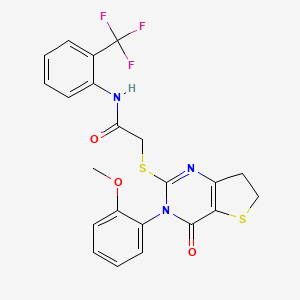 molecular formula C22H18F3N3O3S2 B2919539 2-((3-(2-methoxyphenyl)-4-oxo-3,4,6,7-tetrahydrothieno[3,2-d]pyrimidin-2-yl)thio)-N-(2-(trifluoromethyl)phenyl)acetamide CAS No. 362501-76-6