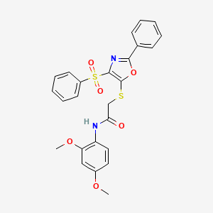 molecular formula C25H22N2O6S2 B2919541 N-(2,4-dimethoxyphenyl)-2-((2-phenyl-4-(phenylsulfonyl)oxazol-5-yl)thio)acetamide CAS No. 850925-89-2