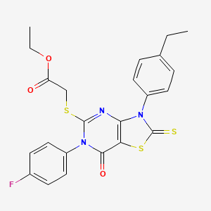 molecular formula C23H20FN3O3S3 B2919545 Ethyl 2-[[3-(4-ethylphenyl)-6-(4-fluorophenyl)-7-oxo-2-sulfanylidene-[1,3]thiazolo[4,5-d]pyrimidin-5-yl]sulfanyl]acetate CAS No. 422299-32-9