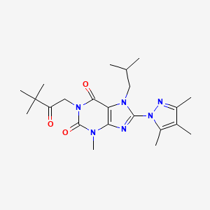 molecular formula C22H32N6O3 B2919566 1-(3,3-dimethyl-2-oxobutyl)-7-isobutyl-3-methyl-8-(3,4,5-trimethyl-1H-pyrazol-1-yl)-1H-purine-2,6(3H,7H)-dione CAS No. 1013763-07-9