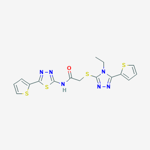 molecular formula C16H14N6OS4 B291957 2-{[4-ethyl-5-(2-thienyl)-4H-1,2,4-triazol-3-yl]sulfanyl}-N-[5-(2-thienyl)-1,3,4-thiadiazol-2-yl]acetamide 