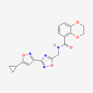 molecular formula C18H16N4O5 B2919742 N-((3-(5-cyclopropylisoxazol-3-yl)-1,2,4-oxadiazol-5-yl)methyl)-2,3-dihydrobenzo[b][1,4]dioxine-5-carboxamide CAS No. 2034521-10-1
