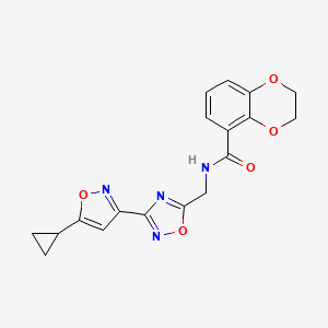 molecular formula C18H16N4O5 B2919742 N-((3-(5-环丙基异恶唑-3-基)-1,2,4-恶二唑-5-基)甲基)-2,3-二氢苯并[b][1,4]二噁英-5-甲酰胺 CAS No. 2034521-10-1