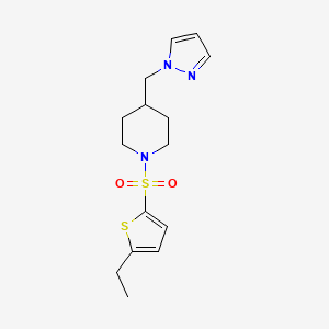 molecular formula C15H21N3O2S2 B2919817 4-((1H-pyrazol-1-yl)methyl)-1-((5-ethylthiophen-2-yl)sulfonyl)piperidine CAS No. 1421509-86-5