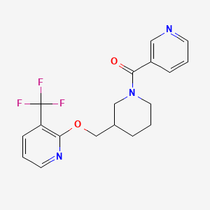 molecular formula C18H18F3N3O2 B2919843 Pyridin-3-yl-[3-[[3-(trifluoromethyl)pyridin-2-yl]oxymethyl]piperidin-1-yl]methanone CAS No. 2379976-00-6