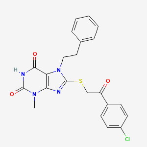 molecular formula C22H19ClN4O3S B2919914 8-((2-(4-chlorophenyl)-2-oxoethyl)thio)-3-methyl-7-phenethyl-1H-purine-2,6(3H,7H)-dione CAS No. 303969-42-8