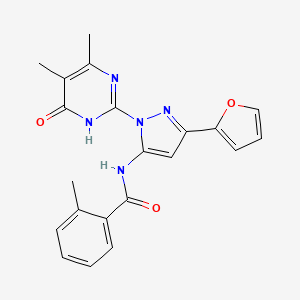 molecular formula C21H19N5O3 B2919993 N-(1-(4,5-dimethyl-6-oxo-1,6-dihydropyrimidin-2-yl)-3-(furan-2-yl)-1H-pyrazol-5-yl)-2-methylbenzamide CAS No. 1172253-32-5