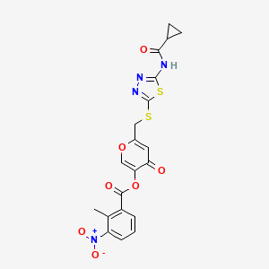 6-(((5-(cyclopropanecarboxamido)-1,3,4-thiadiazol-2-yl)thio)methyl)-4-oxo-4H-pyran-3-yl 2-methyl-3-nitrobenzoate