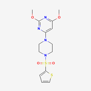 molecular formula C14H18N4O4S2 B2920038 2,4-二甲氧基-6-(4-(噻吩-2-基磺酰基)哌嗪-1-基)嘧啶 CAS No. 1021262-84-9