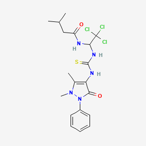 molecular formula C19H24Cl3N5O2S B2920079 3-methyl-N-[2,2,2-trichloro-1-({[(1,5-dimethyl-3-oxo-2-phenyl-2,3-dihydro-1H-pyrazol-4-yl)amino]carbothioyl}amino)ethyl]butanamide CAS No. 324769-67-7