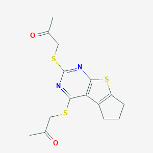 molecular formula C15H16N2O2S3 B292008 1-({2-[(2-oxopropyl)sulfanyl]-6,7-dihydro-5H-cyclopenta[4,5]thieno[2,3-d]pyrimidin-4-yl}sulfanyl)acetone 