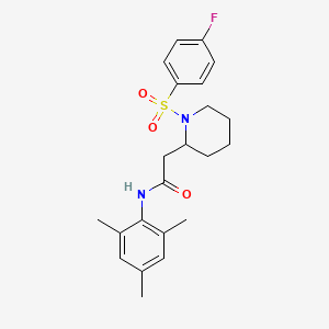 molecular formula C22H27FN2O3S B2920080 2-(1-((4-fluorophenyl)sulfonyl)piperidin-2-yl)-N-mesitylacetamide CAS No. 1021041-59-7