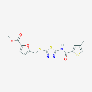 molecular formula C15H13N3O4S3 B2920178 Methyl 5-(((5-(4-methylthiophene-2-carboxamido)-1,3,4-thiadiazol-2-yl)thio)methyl)furan-2-carboxylate CAS No. 1226445-05-1