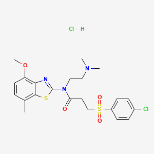 molecular formula C22H27Cl2N3O4S2 B2920255 3-((4-chlorophenyl)sulfonyl)-N-(2-(dimethylamino)ethyl)-N-(4-methoxy-7-methylbenzo[d]thiazol-2-yl)propanamide hydrochloride CAS No. 1215804-86-6