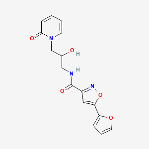 molecular formula C16H15N3O5 B2920278 5-(furan-2-yl)-N-(2-hydroxy-3-(2-oxopyridin-1(2H)-yl)propyl)isoxazole-3-carboxamide CAS No. 1797284-21-9