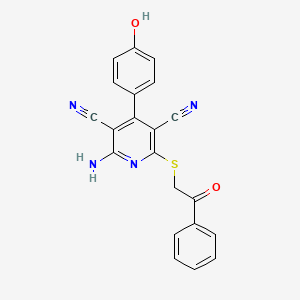 molecular formula C21H14N4O2S B2920297 2-Amino-4-(4-hydroxyphenyl)-6-((2-oxo-2-phenylethyl)thio)pyridine-3,5-dicarbonitrile CAS No. 333959-12-9