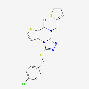 molecular formula C19H13ClN4OS3 B2920333 1-((4-chlorobenzyl)thio)-4-(thiophen-2-ylmethyl)thieno[2,3-e][1,2,4]triazolo[4,3-a]pyrimidin-5(4H)-one CAS No. 1223992-90-2
