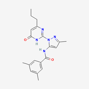 molecular formula C20H23N5O2 B2920338 3,5-dimethyl-N-(3-methyl-1-(6-oxo-4-propyl-1,6-dihydropyrimidin-2-yl)-1H-pyrazol-5-yl)benzamide CAS No. 1004254-16-3