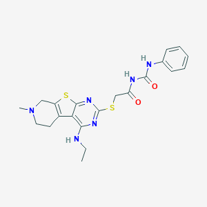 molecular formula C21H24N6O2S2 B292036 2-[[3-(ethylamino)-11-methyl-8-thia-4,6,11-triazatricyclo[7.4.0.02,7]trideca-1(9),2,4,6-tetraen-5-yl]sulfanyl]-N-(phenylcarbamoyl)acetamide 