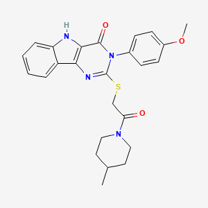 molecular formula C25H26N4O3S B2920365 3-(4-methoxyphenyl)-2-((2-(4-methylpiperidin-1-yl)-2-oxoethyl)thio)-3H-pyrimido[5,4-b]indol-4(5H)-one CAS No. 536707-22-9