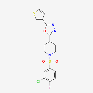 molecular formula C17H15ClFN3O3S2 B2920366 2-(1-((3-Chloro-4-fluorophenyl)sulfonyl)piperidin-4-yl)-5-(thiophen-3-yl)-1,3,4-oxadiazole CAS No. 1448031-33-1