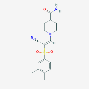 (E)-1-(2-cyano-2-((3,4-dimethylphenyl)sulfonyl)vinyl)piperidine-4-carboxamide