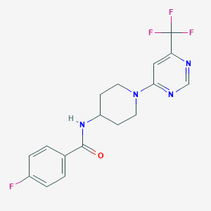 molecular formula C17H16F4N4O B2920382 4-fluoro-N-{1-[6-(trifluoromethyl)-4-pyrimidinyl]-4-piperidyl}benzamide CAS No. 1775536-86-1