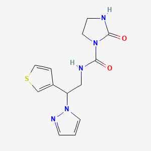 molecular formula C13H15N5O2S B2920403 N-(2-(1H-吡唑-1-基)-2-(噻吩-3-基)乙基)-2-氧代咪唑烷-1-甲酰胺 CAS No. 2034569-47-4