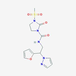 molecular formula C14H17N5O5S B2920413 N-(2-(furan-2-yl)-2-(1H-pyrazol-1-yl)ethyl)-3-(methylsulfonyl)-2-oxoimidazolidine-1-carboxamide CAS No. 2034276-07-6