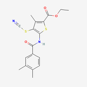 molecular formula C18H18N2O3S2 B2920448 Ethyl 5-(3,4-dimethylbenzamido)-3-methyl-4-thiocyanatothiophene-2-carboxylate CAS No. 681162-17-4