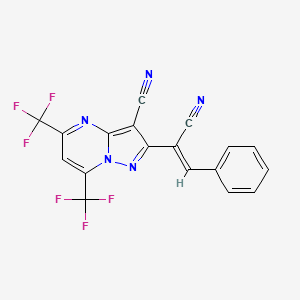 molecular formula C18H7F6N5 B2920459 2-(1-Cyano-2-phenylvinyl)-5,7-bis(trifluoromethyl)pyrazolo[1,5-a]pyrimidine-3-carbonitrile CAS No. 338786-53-1