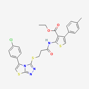 molecular formula C27H23ClN4O3S3 B2920460 Ethyl 2-(3-((5-(4-chlorophenyl)thiazolo[2,3-c][1,2,4]triazol-3-yl)thio)propanamido)-4-(p-tolyl)thiophene-3-carboxylate CAS No. 671200-11-6